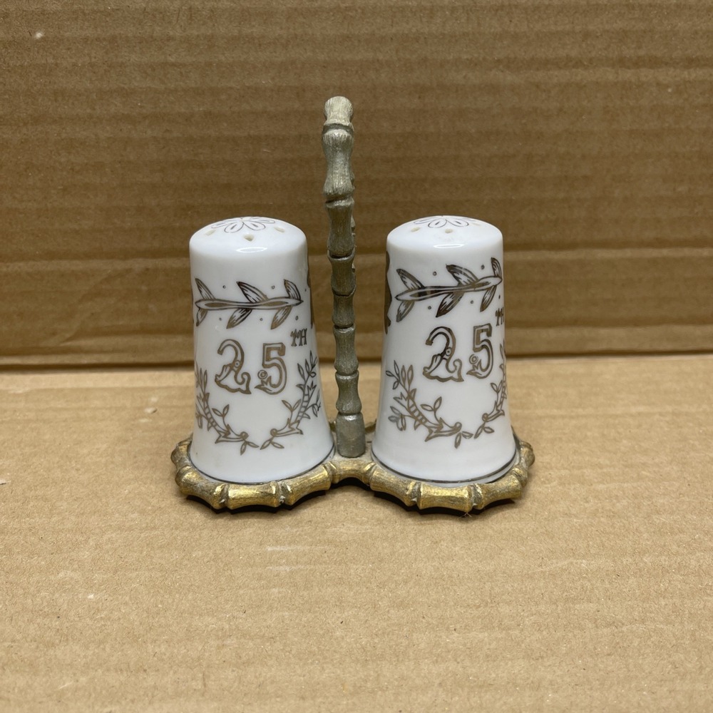 Vintage Lefton Japan 25th Anniversary Salt Pepper Shakers Bamboo Holder 1957